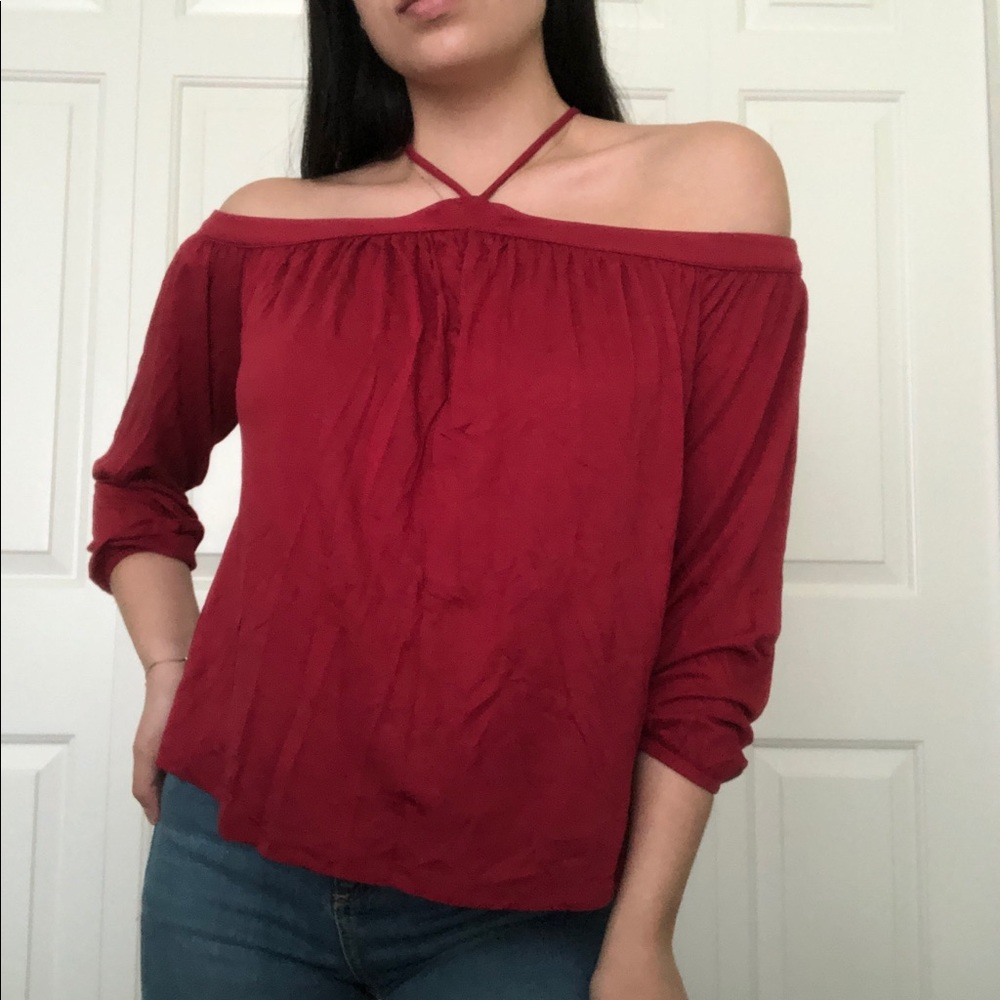 cutout red quarter sleeve shirt